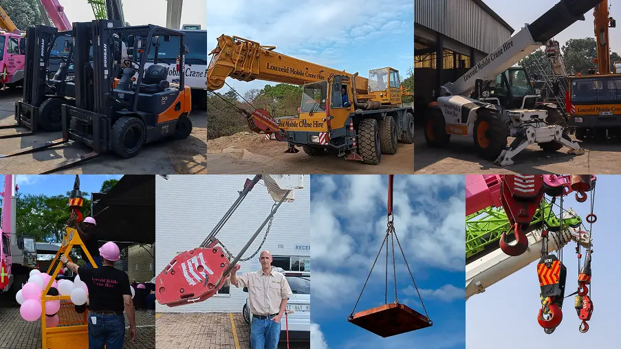 Collage image featuring pictures of the various services that Lowveld Mobile Crane Hire offers